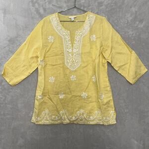 Charter Club 100% Linen Embroidered Bohemian Blouse Women Size XL Beach Resort